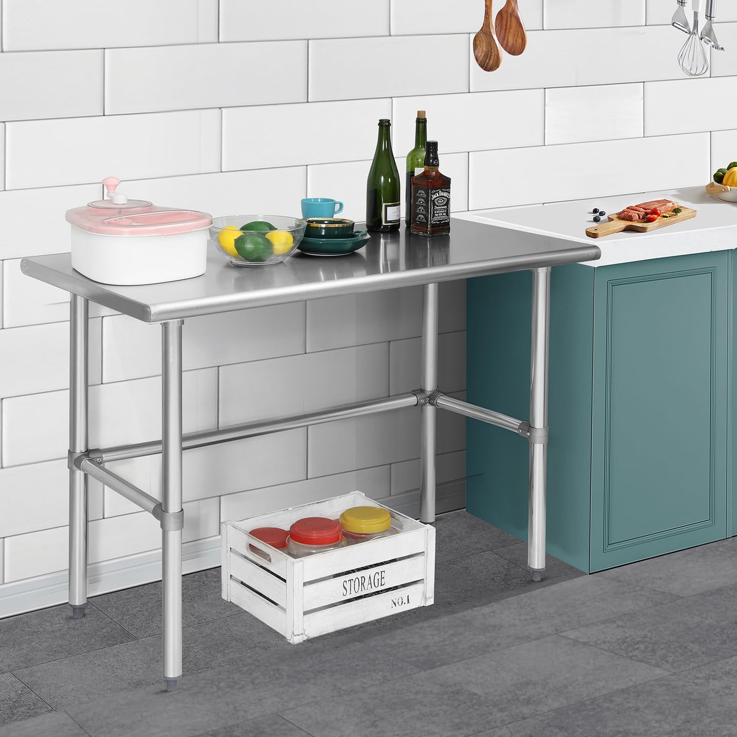 Hally Open Base Stainless Steel Table 24 x 60 Inches, NSF Commercial Heavy Duty Prep & Work Table with Galvanized Legs for Restaurant, Home and Hotel