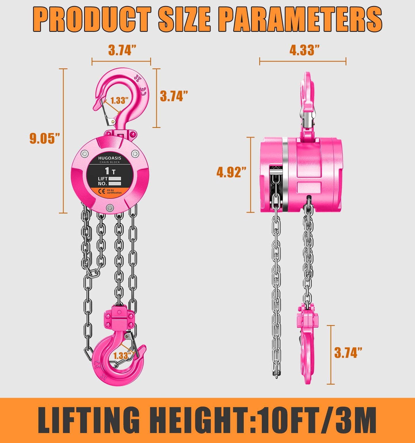 HUGOASIS Aluminum Alloy Hand Chain Hoist 1 Ton 2200lbs Capacity 10ft,Portable Dual Brake Chain Block with Galvanized Chain, 360° Swivel Hook for Garage Warehouse Construction, Workshop Lifting,Pink