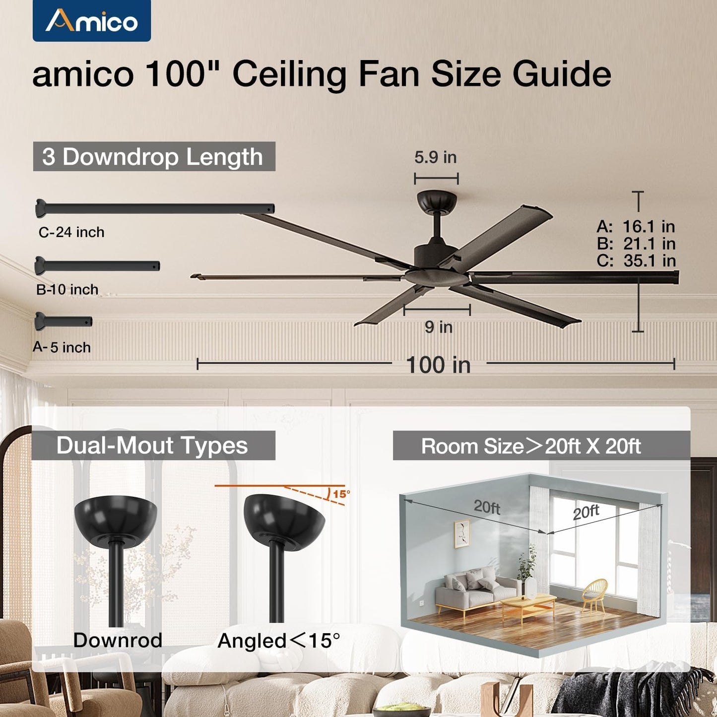 Amico 100 Inch Ceiling Fans Without Lights, Indoor/Outdoor Ceiling Fan with Remote Control, Reversible, 6 Blades, Noiseless, Industrial Black Ceiling Fan No Light for Patio, Porch, Garage, Shop