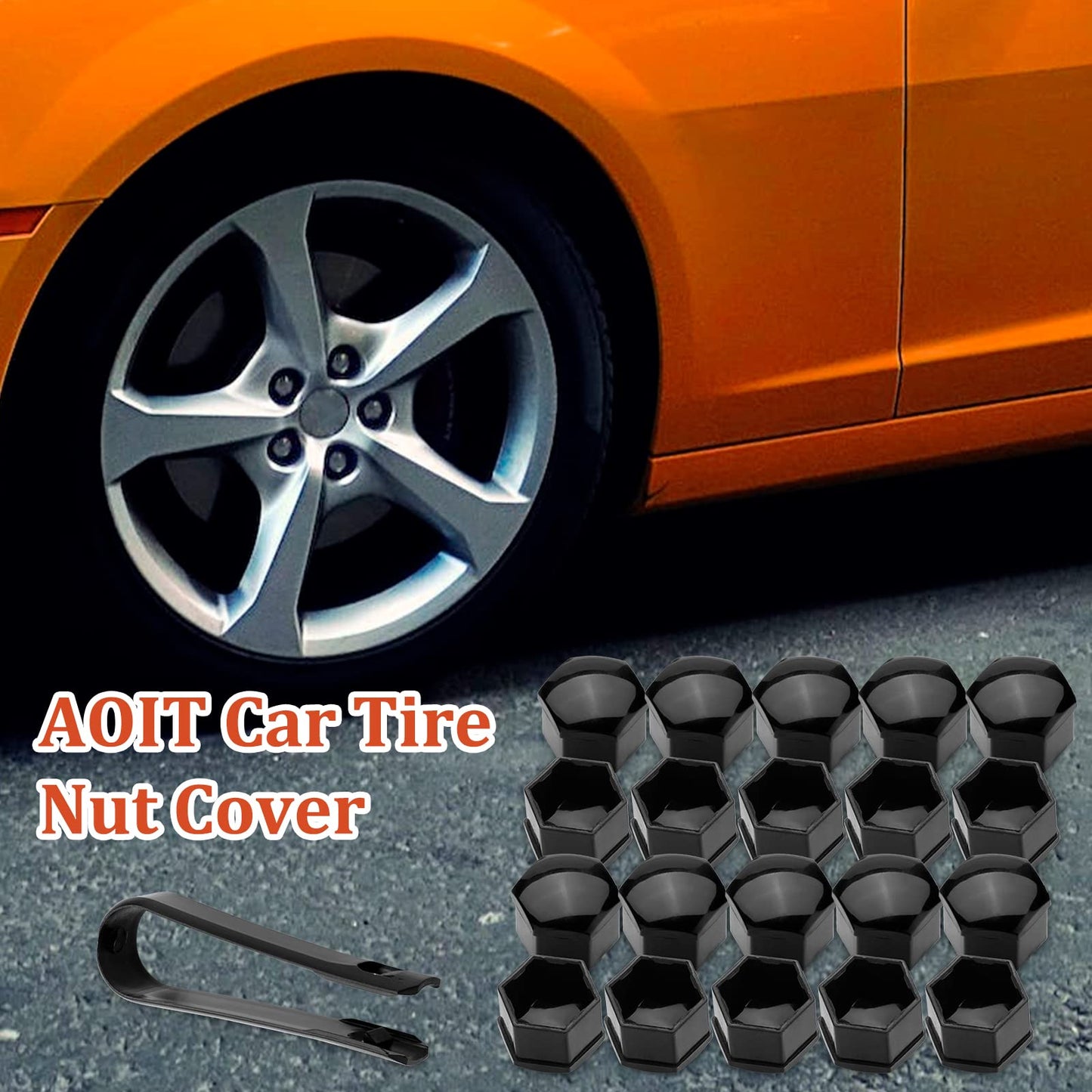 AOIT 20PCS Lug Nut Covers - 3/4'' Wheel Nut Bolt Cover Caps, 19mm Hexagonal Nut Covers with Removal Tool, Wheel Bolt Dust Caps Compatible with Au di, Auto Rims Nut Exterior Protection, Black