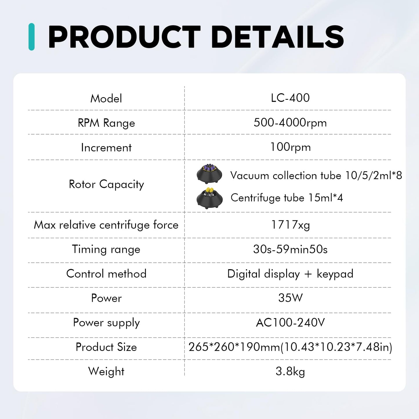 LAB FISH PRP Centrifuge Machine LC-400 8 * 2ml/5ml/10ml, 4 * 15ml Lab Tubes | Low Speed Control 500-4000RPM,Max 1717xg | Timer Function 30sec-59min