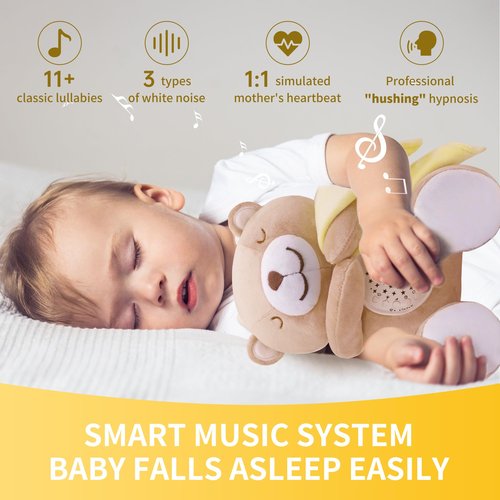 Baby Sleep Soother, White Noise Sound Machine Projector Night Light, Portable Stuffed Teddy Baby Gifts Bear Toy with 18 Soothing Sounds, Auto-Off Timer, Cry Sensor for Kids