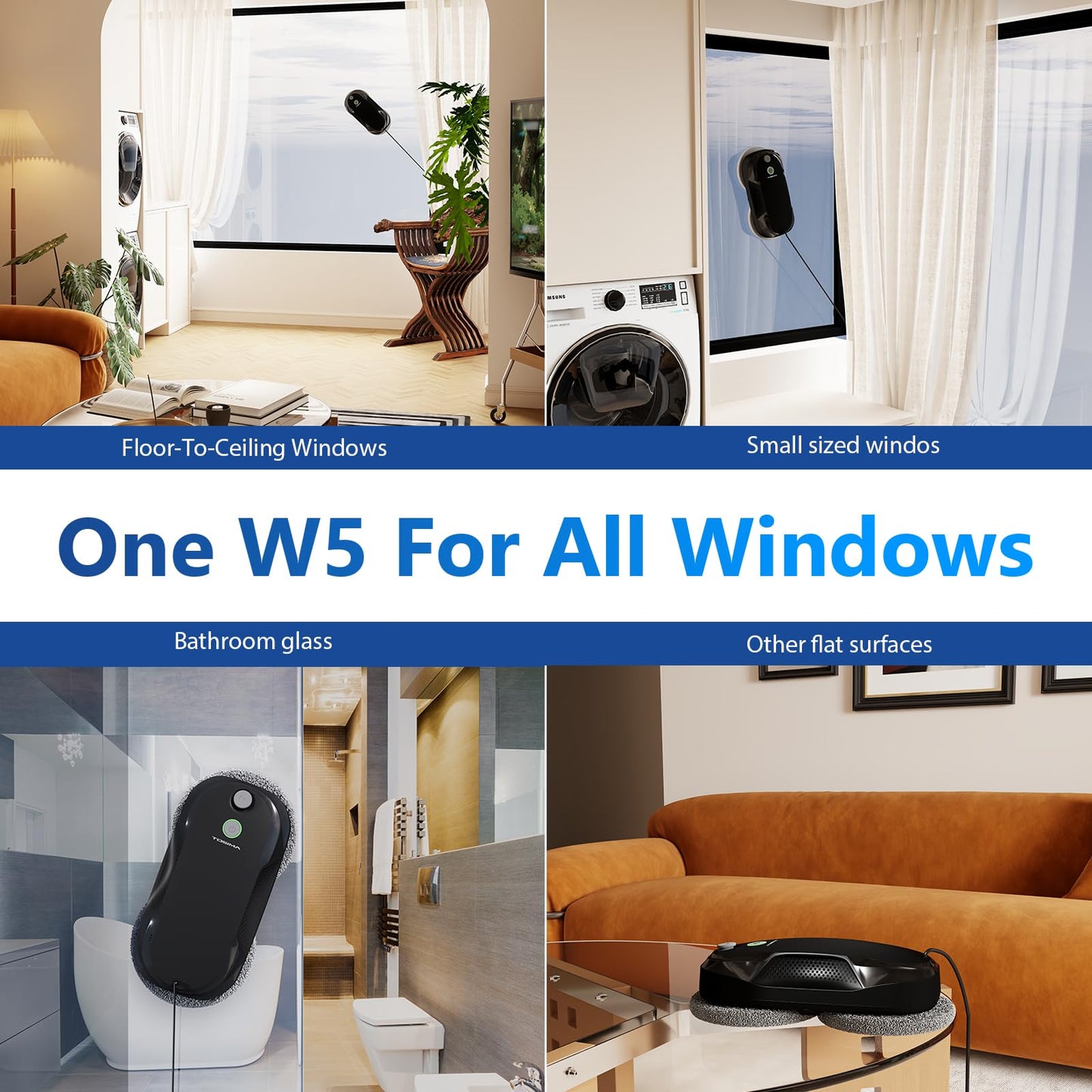 Tosima W5 Window Cleaning Robot, Dual Direction Auto-Spray Smart Window Cleaner with Triple Safety System, Smart Navigation, Remote Control, for All Smooth Surfaces, with 8 Rags, Black Robotic Vacuums