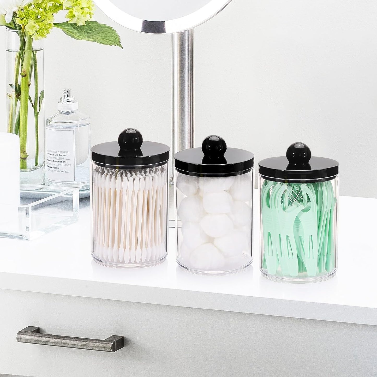 Tbestmax Qtip Holder - 10oz Plastic Apothecary Jar with Black Lid for Cotton Swabs & Pads | Black