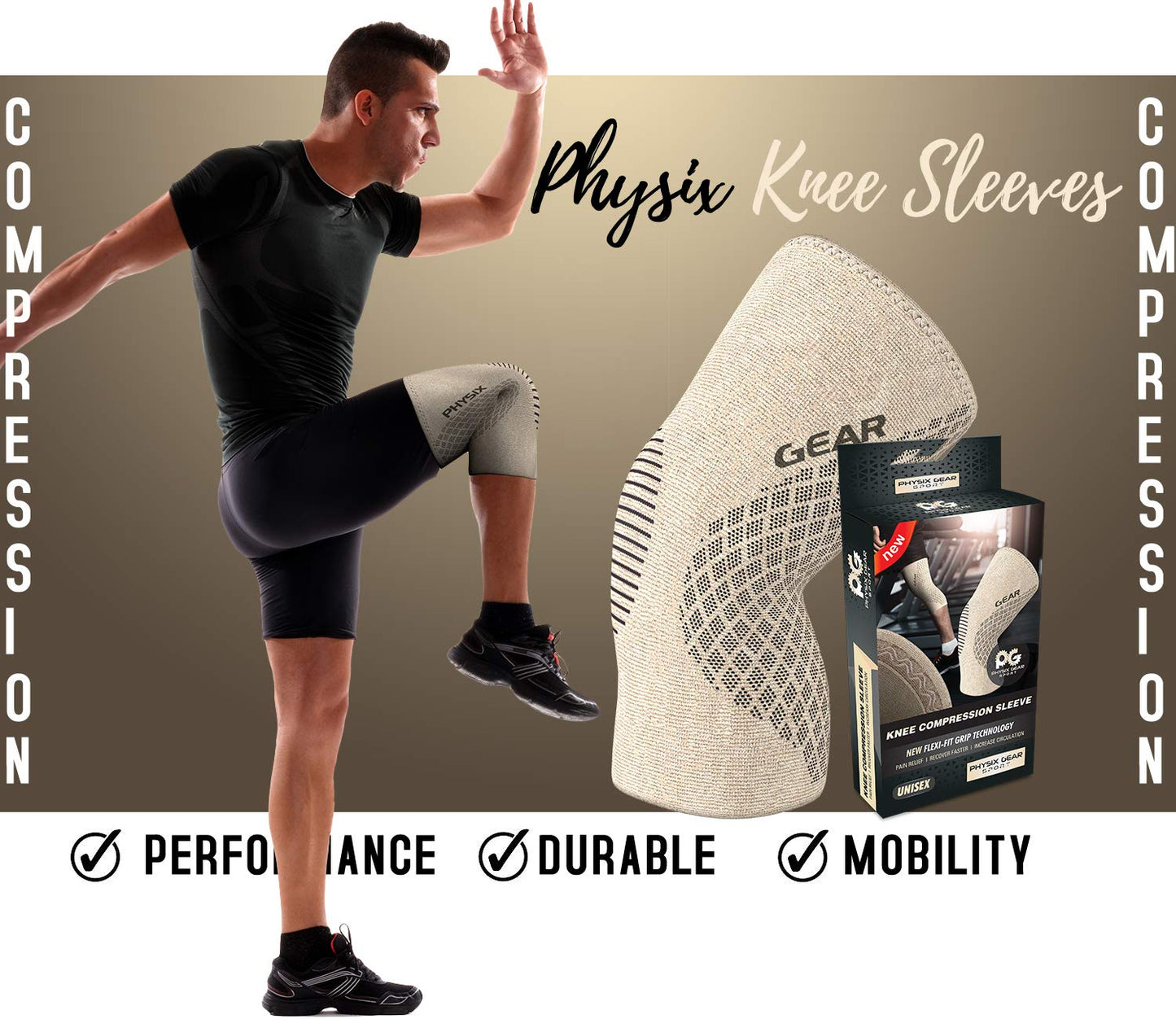PHYSIX GEAR Knee Support Brace - Premium Recovery & Compression Sleeve for Meniscus Tear, ACL, MCL Running & Arthritis - Best Neoprene Stabilizer Wrap for Crossfit, Squats & Workouts (Single Beige M)