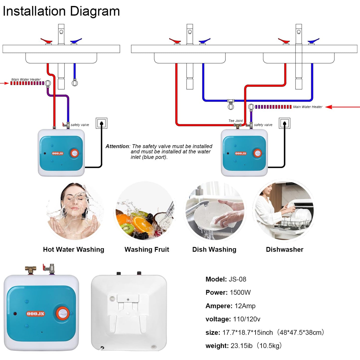 110V-120V 1440-1500W Instant Electric Hot Water Heater Under Kitchen Small Tank 8.0 Gallon Storage,Rv Trailer Instant Fiberglass Compact Point-of-Use,2 PCs 16” Long 1/2”FIP Stainless Steel Hose 30L