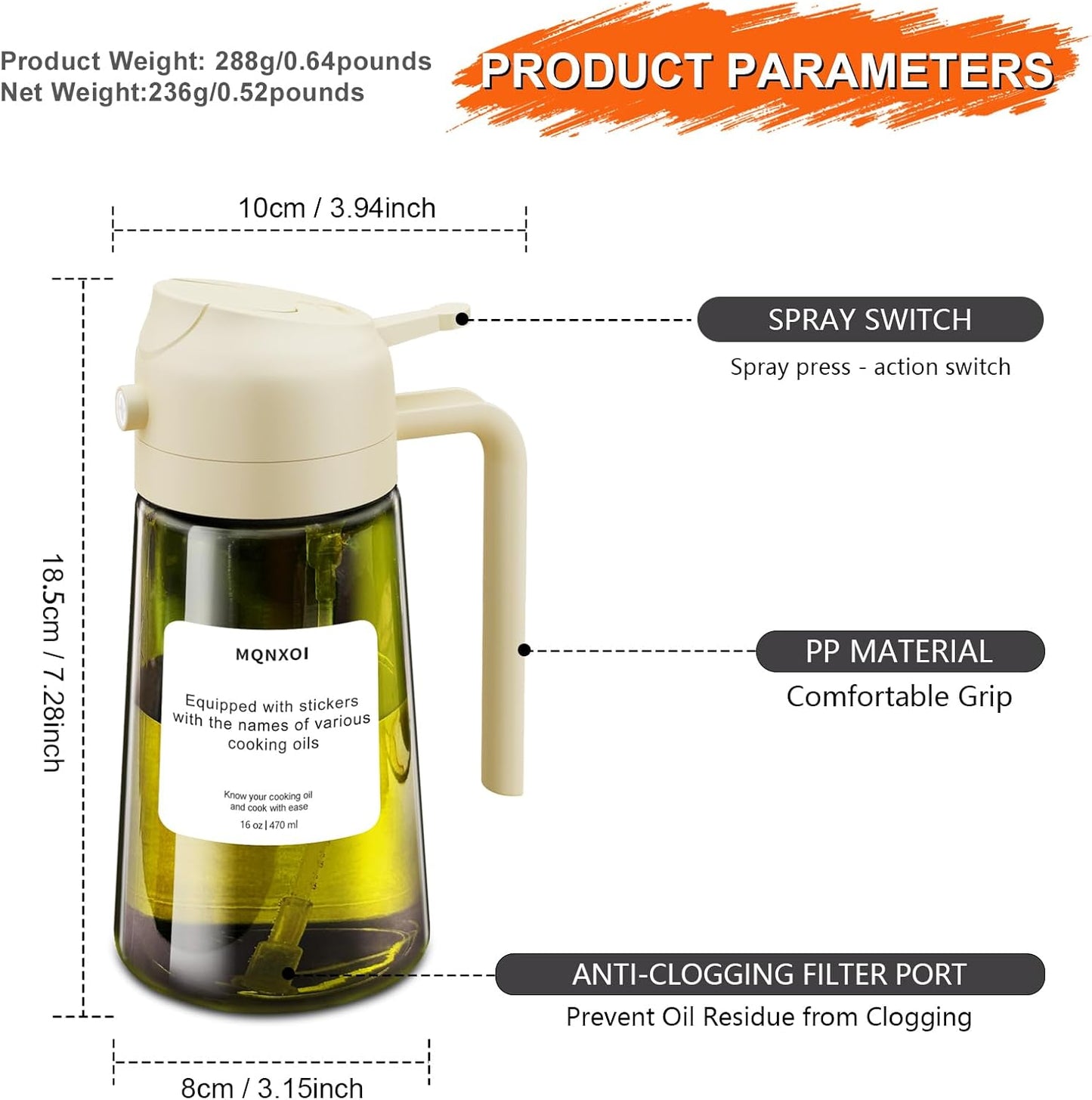 Skiennix 2-in-1 Glass Oil Sprayer & Dispenser - 16oz Olive Oil Bottle for Cooking & Salad | White & Dark Green