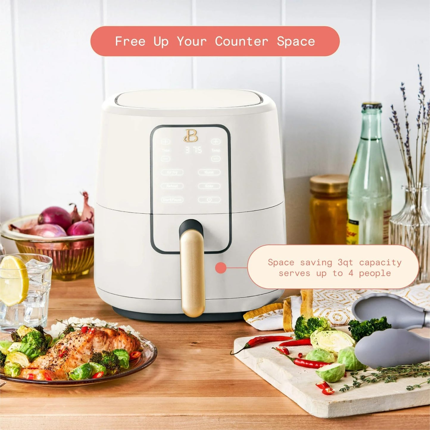 B - 3-Quart Digital Air Fryer, TurboCrisp Technology, 4 Presets, 170°F-400°F, Non-Stick, Dishwasher Safe, 1200 Watt. (White Icing)