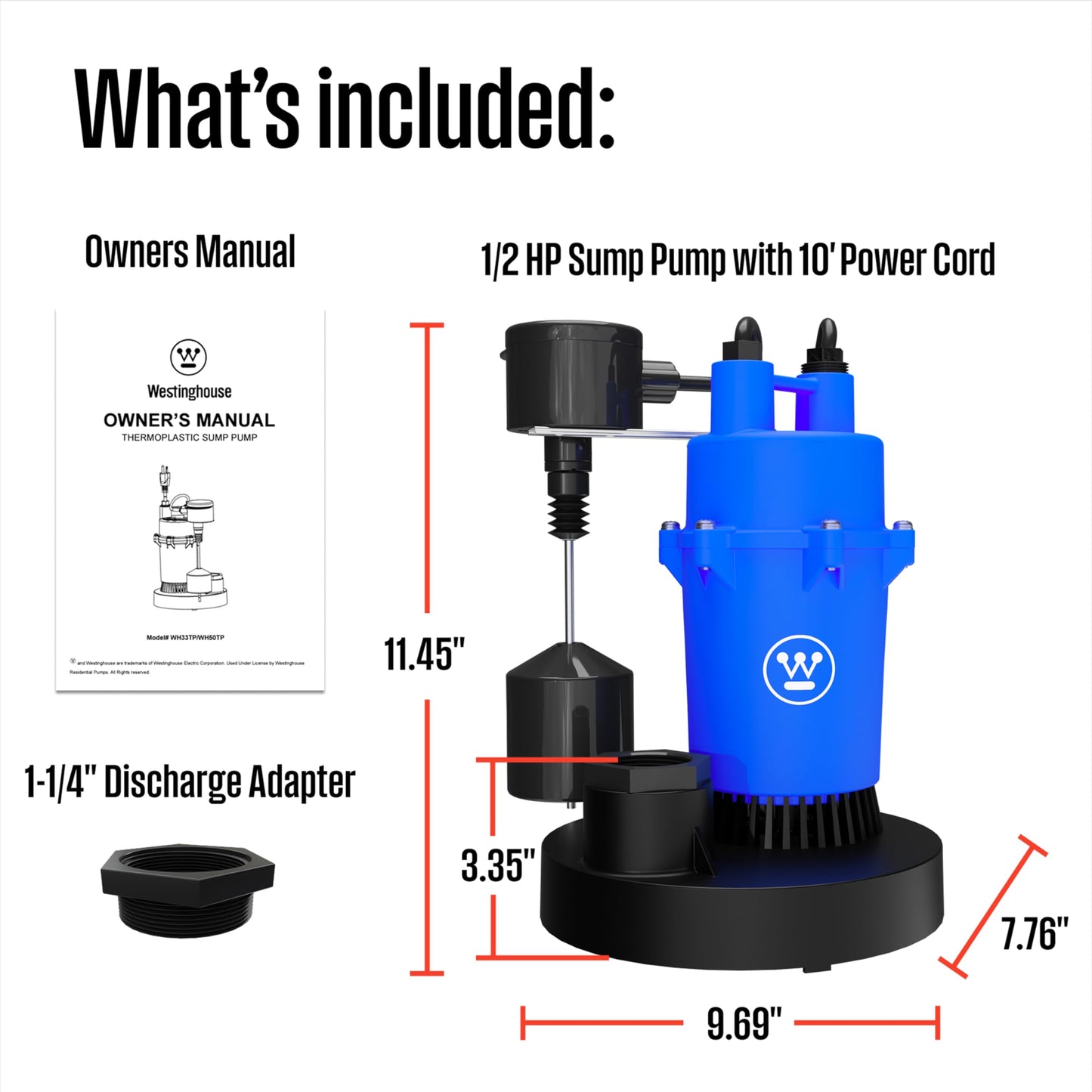 Westinghouse Sump Pump 1/2 HP 69 GPM Submersible Water Pump Automatic Vertical Float Switch Heavy Duty Basement Crawl Space Flood Removal Pump High Flow Water Drainage