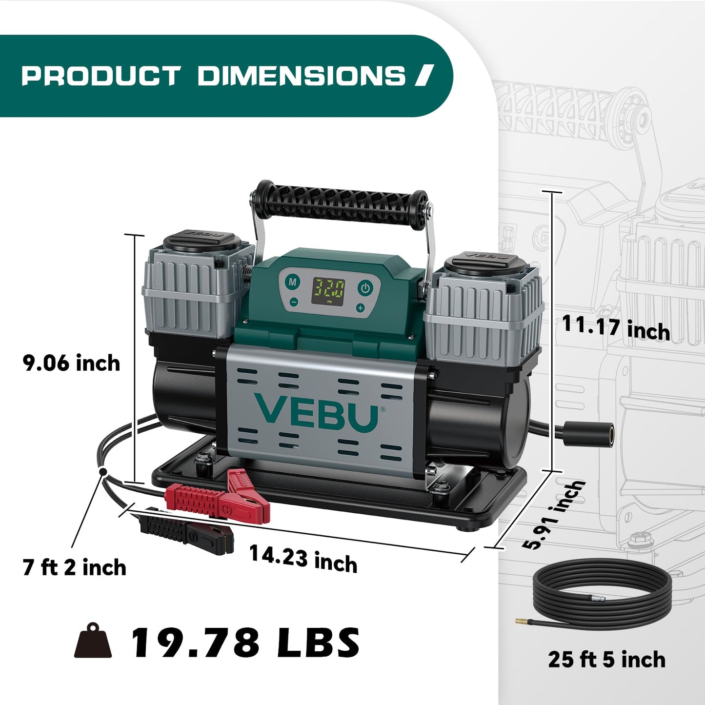 VEBU Off-road Air Compressor 12V Tire Inflator, 150PSI with Auto Shut Off, Digital Display & Preset, 10.6CFM Fast Inflation for Off-road Vehicles, Trucks, SUVs, RVs, ATVs