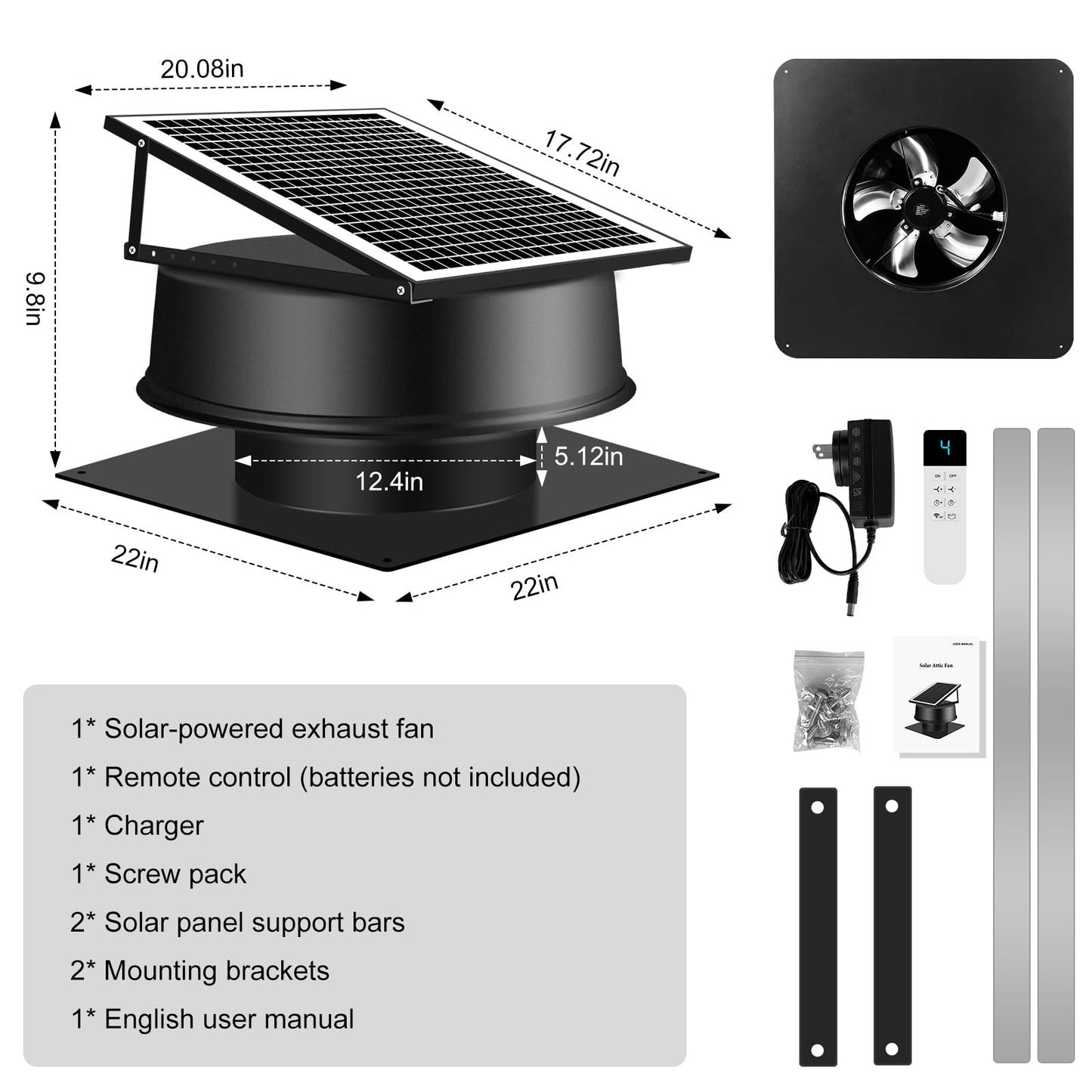 Bsteciar 42W Solar Attic Fan with Thermostat and Remote Contorl 2100 CFM Solar Roof Exhaust Fan – Solar Powered + DC Compatible, Low Noise Weatherproof Ventilation for Home, Garage, Shed, Warehouse