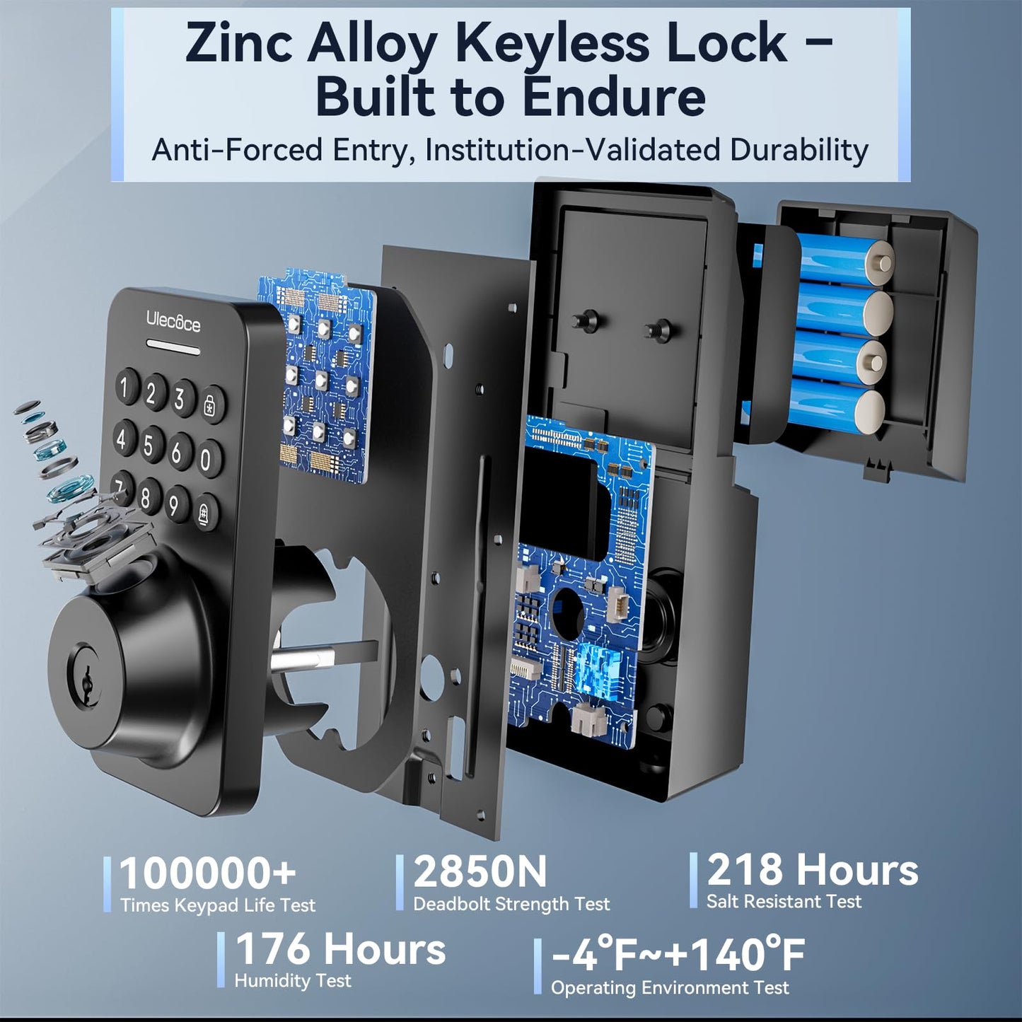 Ulecoce Fingerprint Keypad Deadbolt with Handle Set, Keyless Entry Door Lock, Door Locks for Front Door Lock Set, App Control, Auto Locking, Easy to Install, Matte Black