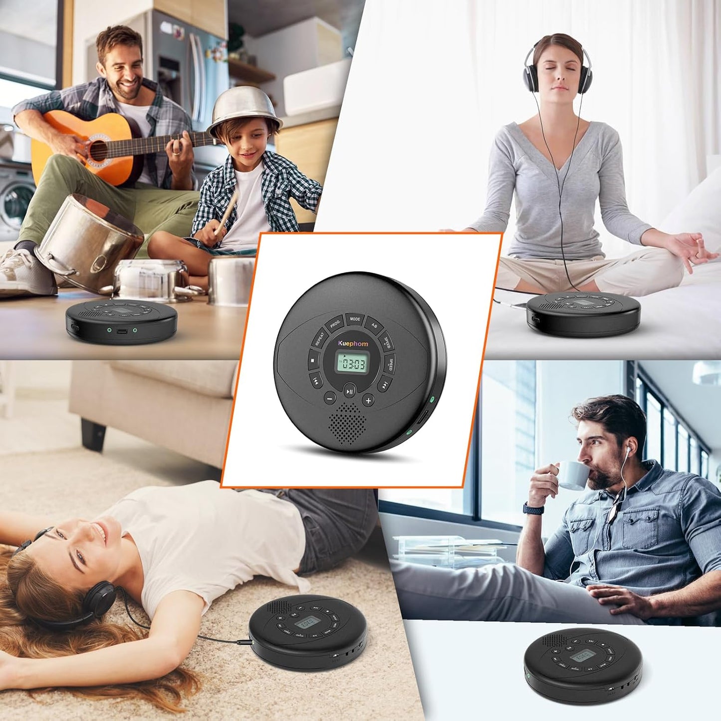 Kuephom Discman MP3, Portable CD Player Rechargeable with Speaker and Headphones, Walkman with Anti-Skip, CD-R, USB
