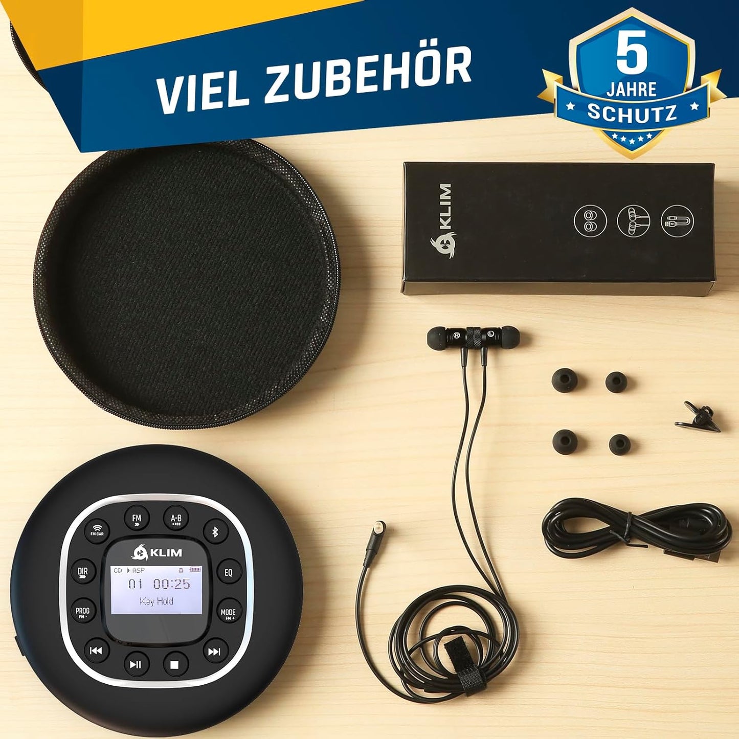 KLIM MP3 Journey - Portable CD Player with Long-Lasting Battery - New - with Headphones - Radio FM - Compatible CD