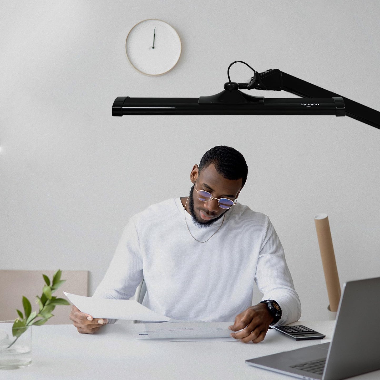 Bemelux LED Architect Desk Lamp, 2300 Lumens, Dimmable, Metal Swing Arm, 5 Color Temperatures, 30W, Ideal for Task Work, Drafting, Reading, Clamp-on Office Table Lamp with 360 Bright LEDs (Black, CCT)