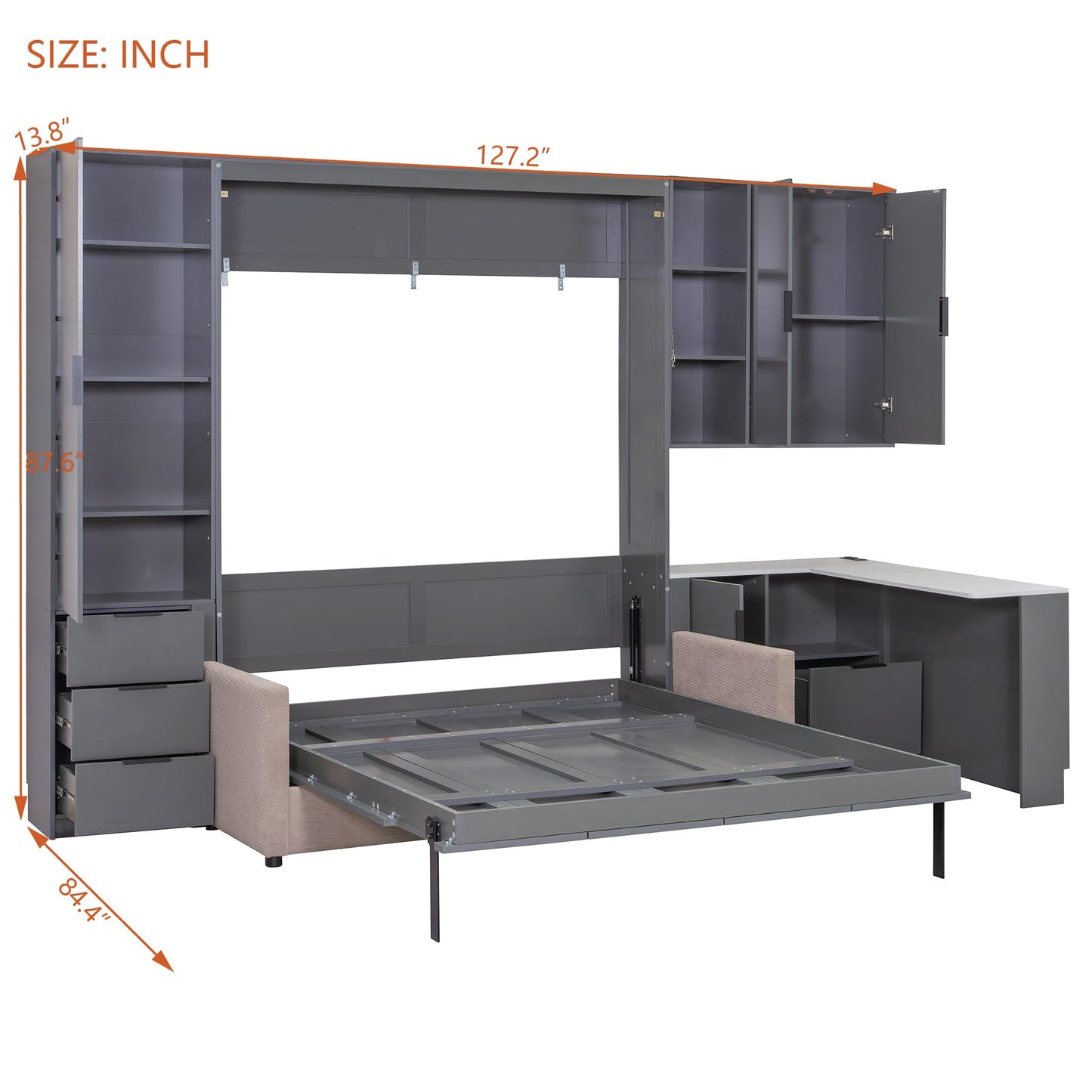 Merax Queen Size Wood Murphy Bed with Upholstered Sofa & Desk, Multifunctional Foldable Wall Platform Bed w/USB Charging Station for Guest-Room, Bedroom, Space Saving, Gray +Beige
