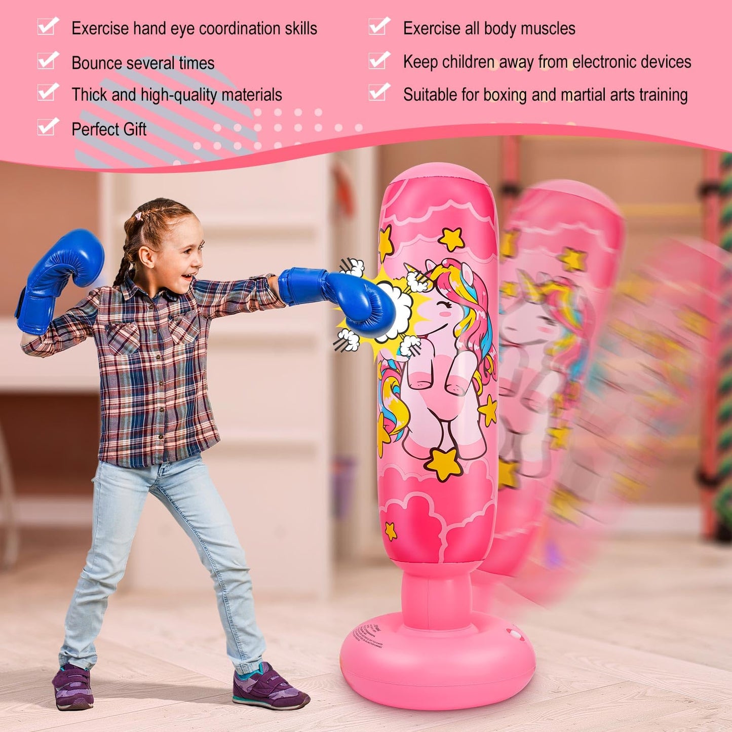 Vinsatin 2 Pcs 47" Kids Punching Bag Girls Stable Inflatable Boxing Bag Unicorn Heavy Punch with Instant Bounce Back Movement Kids Workout Equipment Karate Gifts for Girls Karate Taekwond