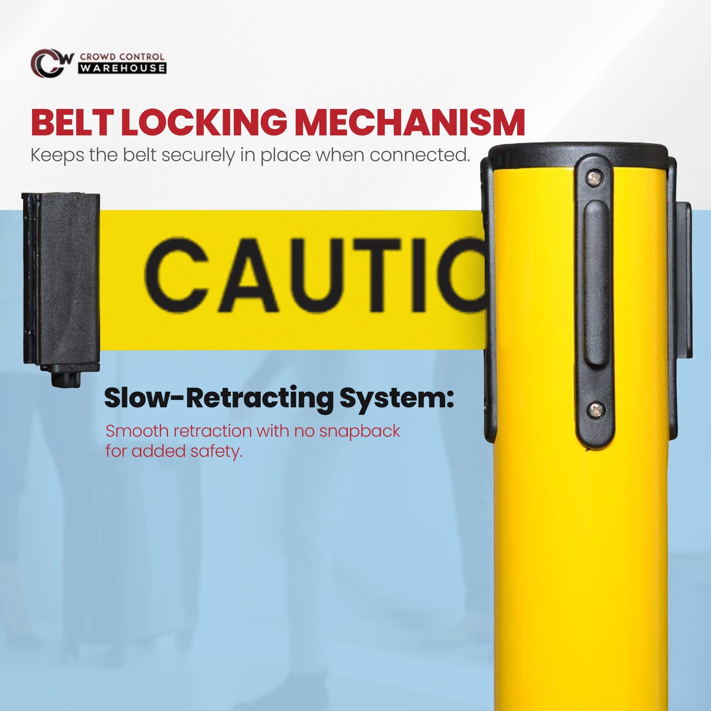 Crowd Control Warehouse Set of 2 Stanchion Retractable Belt Barriers, 11 Foot 'Caution Do Not Enter' Belt Barrier with 40” Yellow Posts, Barriers with Heavy Duty Concrete Base, CCW Series RBB-100