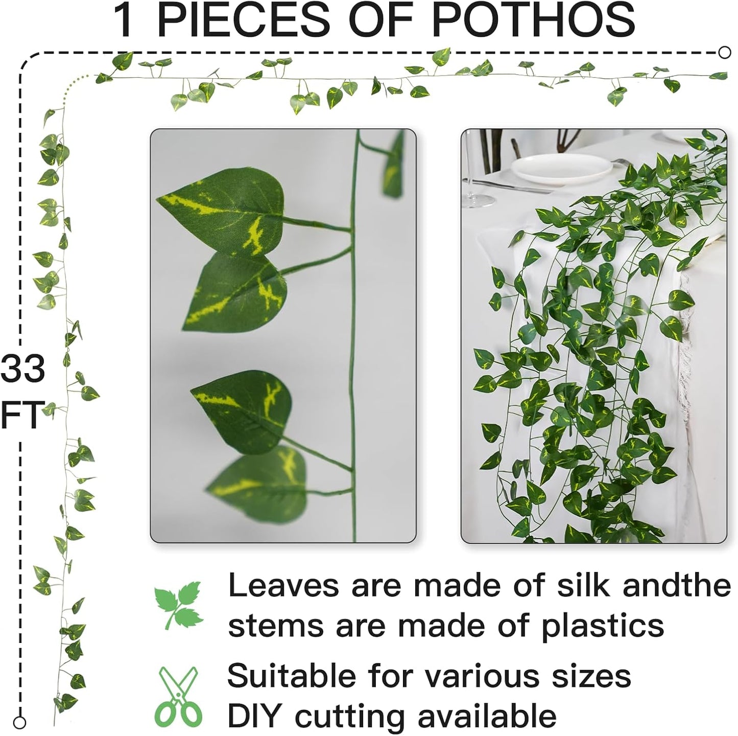 Suddus Artificial Pothos Leaves | 33 Feet Faux Greenery Hanging Garland for Home & Garden Decor