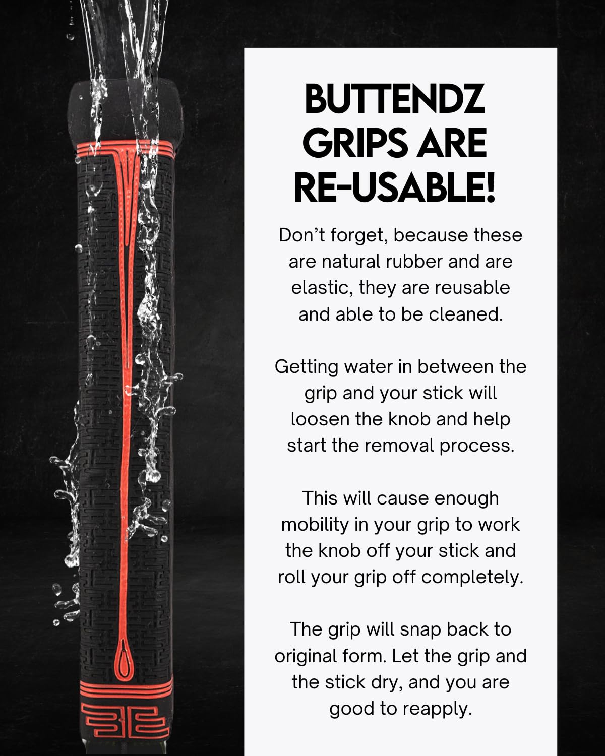 Buttendz Fusion Z Hockey Stick Replacement Grip - Reusable Design, Small Knob Player Grip for Top Hand Mobility, Fits All Stick Sizes (Black, Fire Drip)