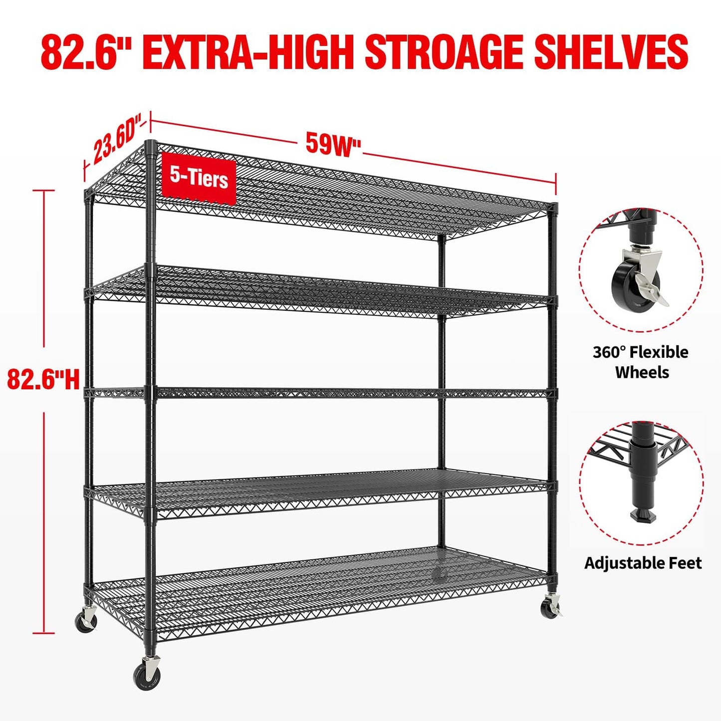 ExploreHorizon 5-Tier Metal Storage Shelving Unit, 3300 Lbs Load Capacity Heavy-Duty Shelf Organizer, Adjustable Wire Rack Shelves for Garage, Pantry & Kitchen, 82.6" h x 59" w x 23.6" d