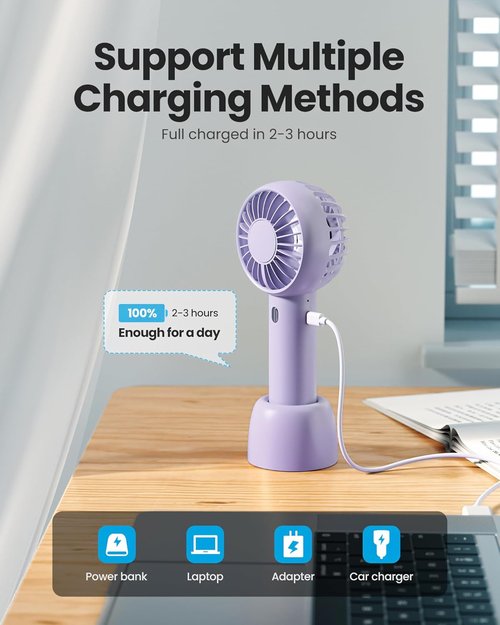 Gaiatop Mini Portable Fan - Small Yet Powerful 3-Speed Handheld & Desktop Design | USB Rechargeable, Purple
