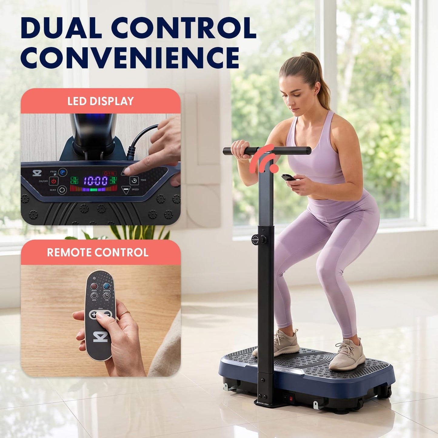 SQUATZ Vibration Plate Exercise Machine with Handlebar, Vibration Plate with Handles, 1-99 Speed Levels, 10 Preset Programs, Low-Impact Home Fitness Platform with Remote, Portable Design, Blue