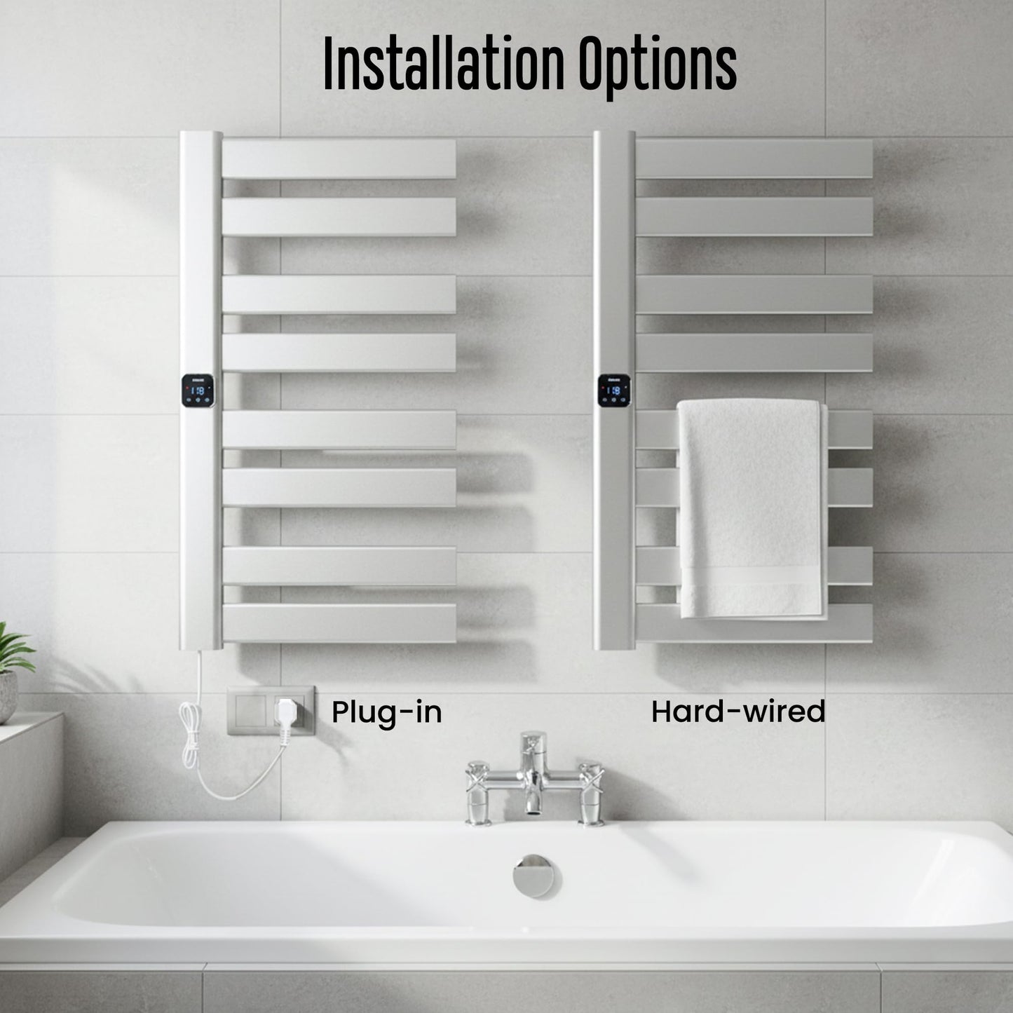 HSTRUKT Large Towel Warmer, Heated Towel Rack with Built-in Timer and Temperature Control,Hard-Wired(Left-Wiring)/Plug-in Wall-Mounted Towel Rail, Aluminum, 18.8" W X 34.64" H, Silver