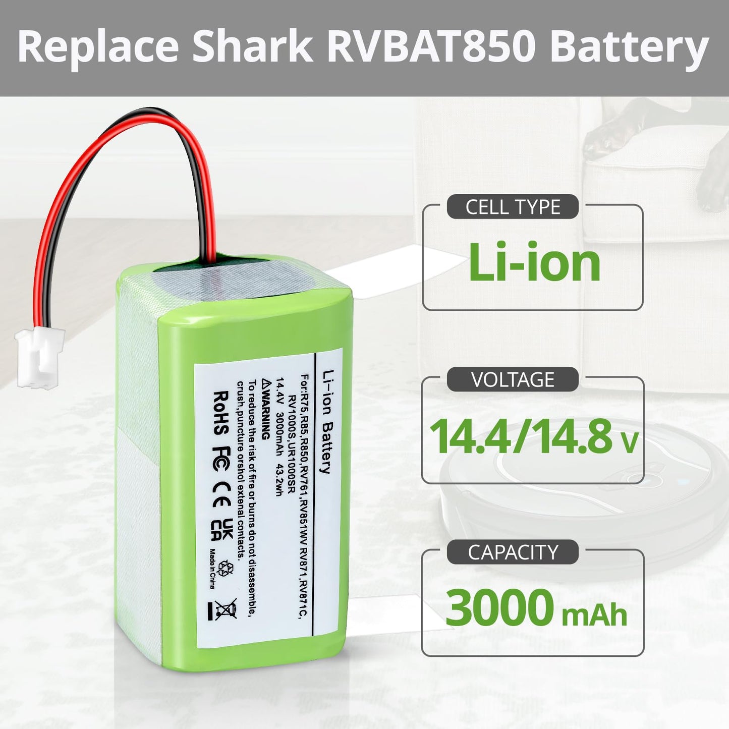 YAYA-Bechine 14.4V 3000mAh Replacement RVBAT850 Battery for Shark Ion Robot R75, RV761, RV850C, RV1000S, RV1100VL, RV101AE, UR1000SR, RV700_N, RV720_N Vacuum Cleaners (2-Prong Connector)