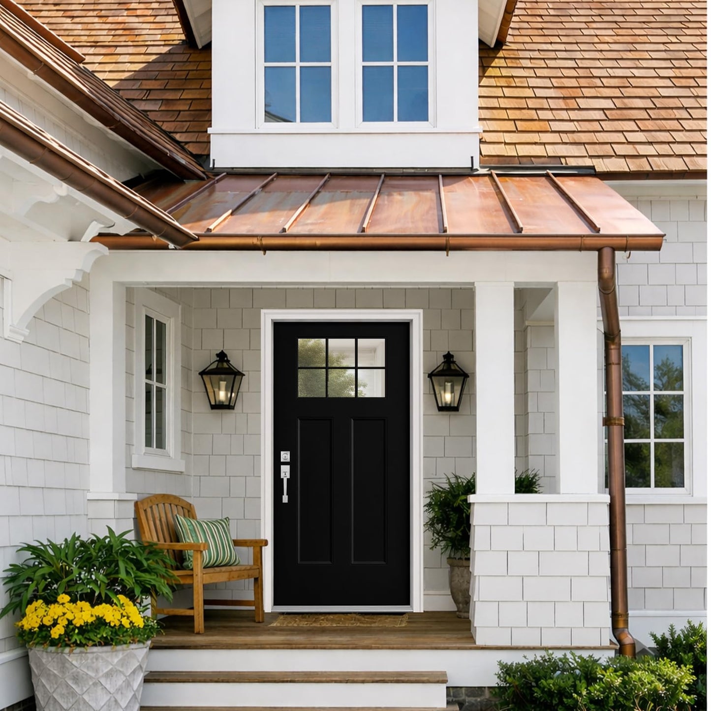 36"x80" Front Entry Door, Black Woodgrain Finish, 4-9/16" Jamb, Fiberglass Front Door with Classic 6-Lite Clear Glass, Right-Hand Inswing