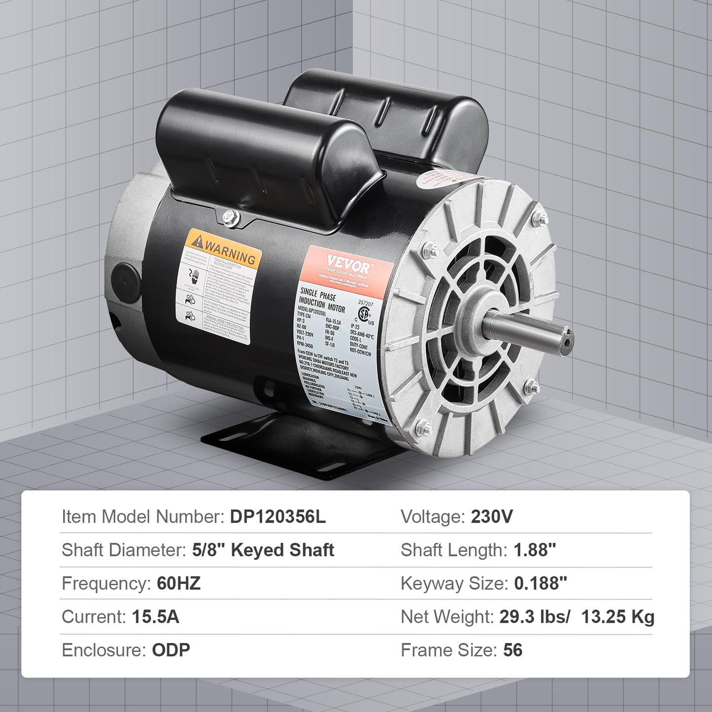 VEVOR 3HP Air Compressor Electric Motor, 230V 15.5 Amps, 56 Frame 3450RPM, 5/8" Keyed Shaft, 1.88" Shaft Length, Single Phase, CW/CCW Rotation (Factory Setting is CCW)