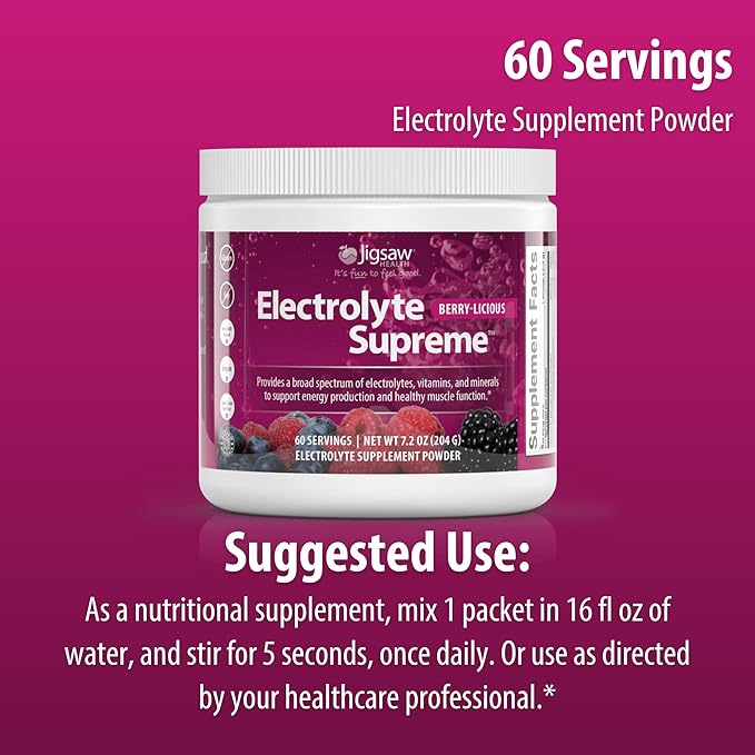 Jigsaw Health Electrolyte Supreme | Broad Spectrum of Electrolytes + Trace Minerals | Berry-Licious Flavor | 60 Servings (Jar)