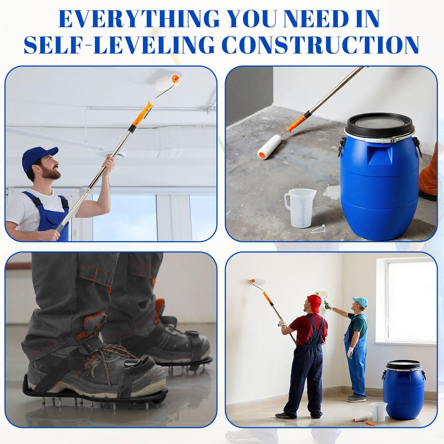 Leriton 20 Pcs Self Leveling Cement Tools Kit, 15.8 Gallon Mixing Barrel with Lid and Handles, 9'' Epoxy Roller, Shoes Spikes, Mixer Rod, Measuring Cup with Lid, Scraper, Epoxy Floor Leveling Kit