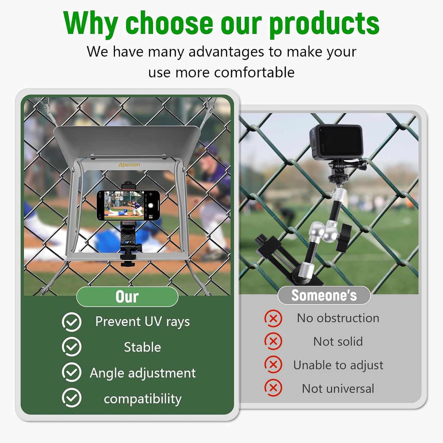 Apexion Baseball Training Equipment, Phone Stabilizer, Game Changer Fence Mount, Universal with Sunshade, Streaming
