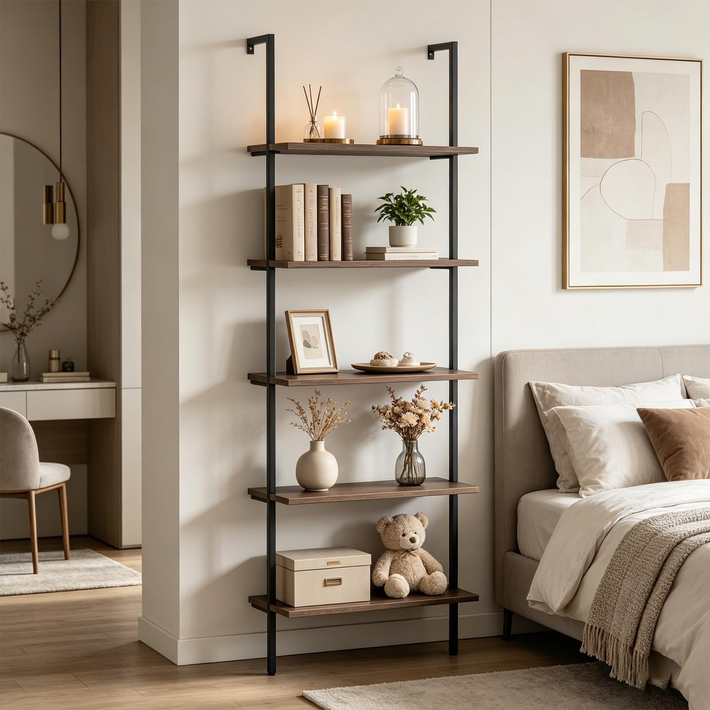 Wolawu 5 Tiers Ladder Shelf 2-Piece Black Modern Tall Bookshelf Open Large Tall Wall Mount Storage Bookcase Standing Leaning Wall Shelves Industrial Decorative (Brown)