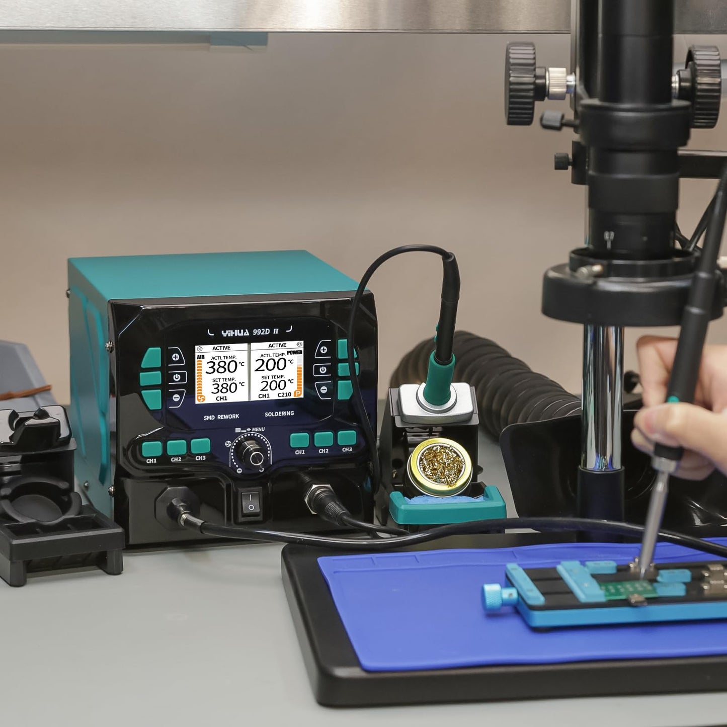 YIHUA 992D-II 2-IN-1 Precision Soldering Kit with Hot Air Pencil and C210 Soldering Iron, Precision Soldering Station with Dynamic LCD Display, Low-Wear Mode, 3 Preset Channels, 8 Hot Air Nozzles