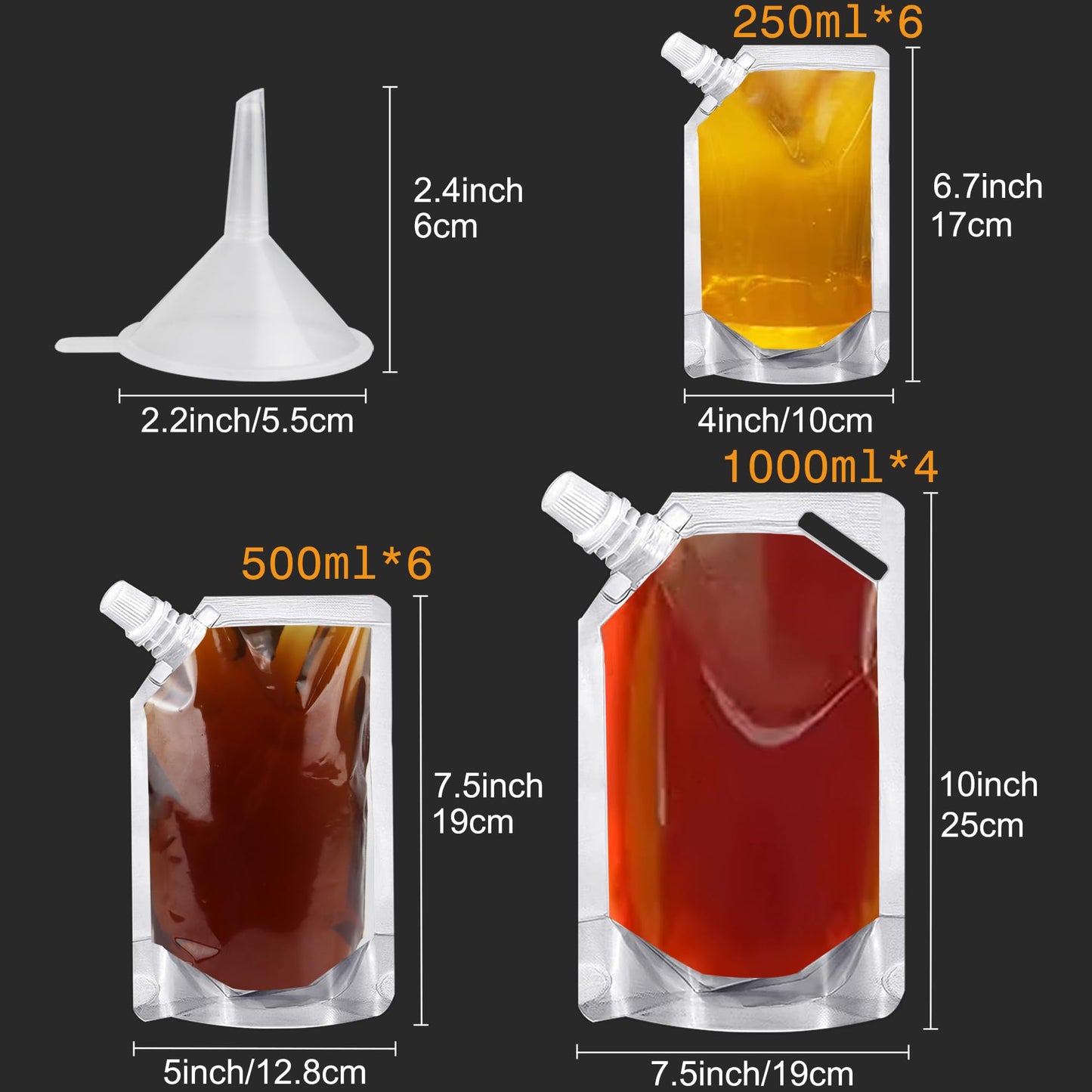 Plastic Flasks, AIDOIT Reusable Cruise Flask Pouches Leak-Proof Flask Pouches Juice Bags for Travel, Concerts, Outdoor Sports Camping (17 Pcs,8oz x6,16oz x6,32oz x4,Funnel Kit)