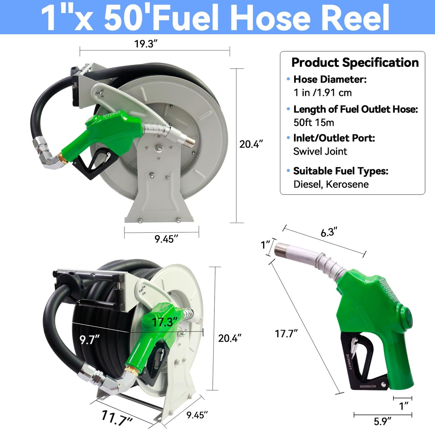 MENAITEK Fuel Hose Reel W/AUTO Fuel Nozzle,Fuel Hose Swivel,3/4"x50FT Fuel Transfer Hose Diesel Hose Reel Retractor,300 PSI Heavy Duty Auto Swivel Rewind Hose Holder Reel,1"NPT Inlet,3/4" NPT outlet