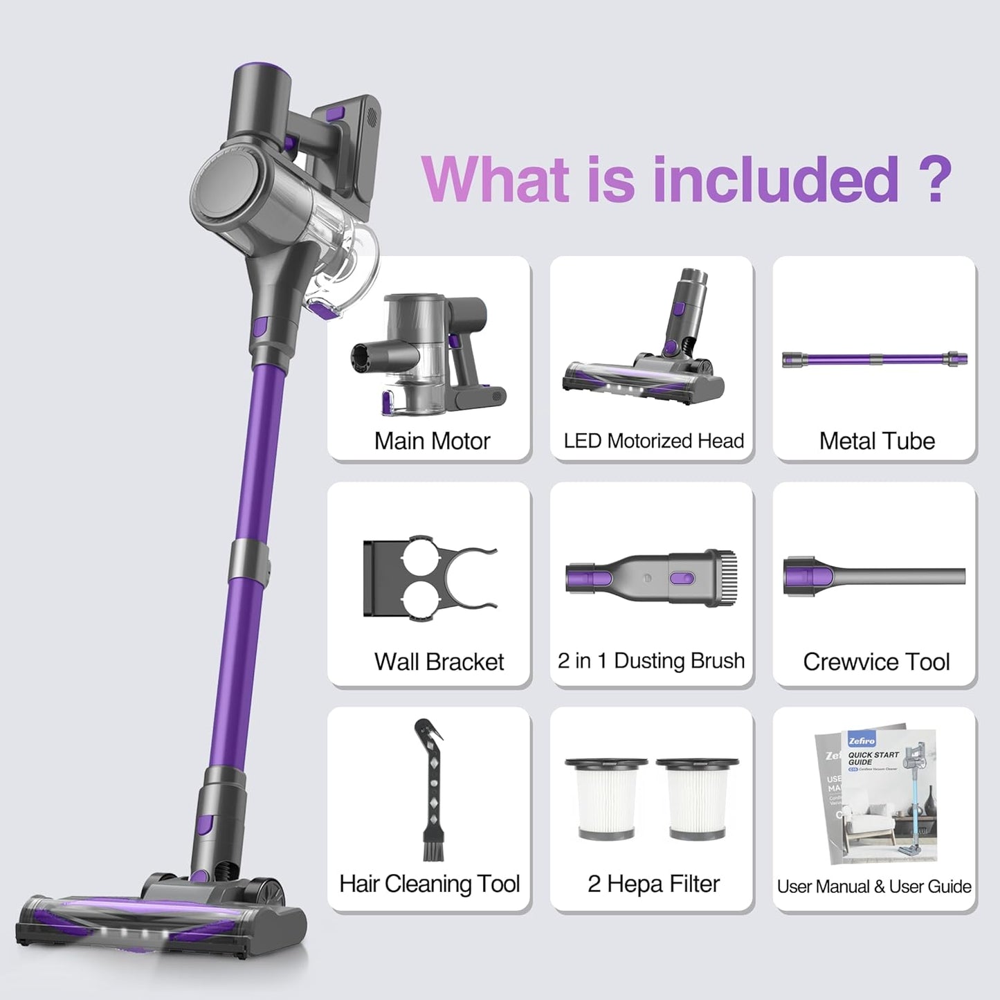 Zefiro Cordless Vacuum Cleaner - 450W Powerful Suction, 50Mins Runtime, 1.5L Dust Cup | Ideal for Pet Hair & Carpets