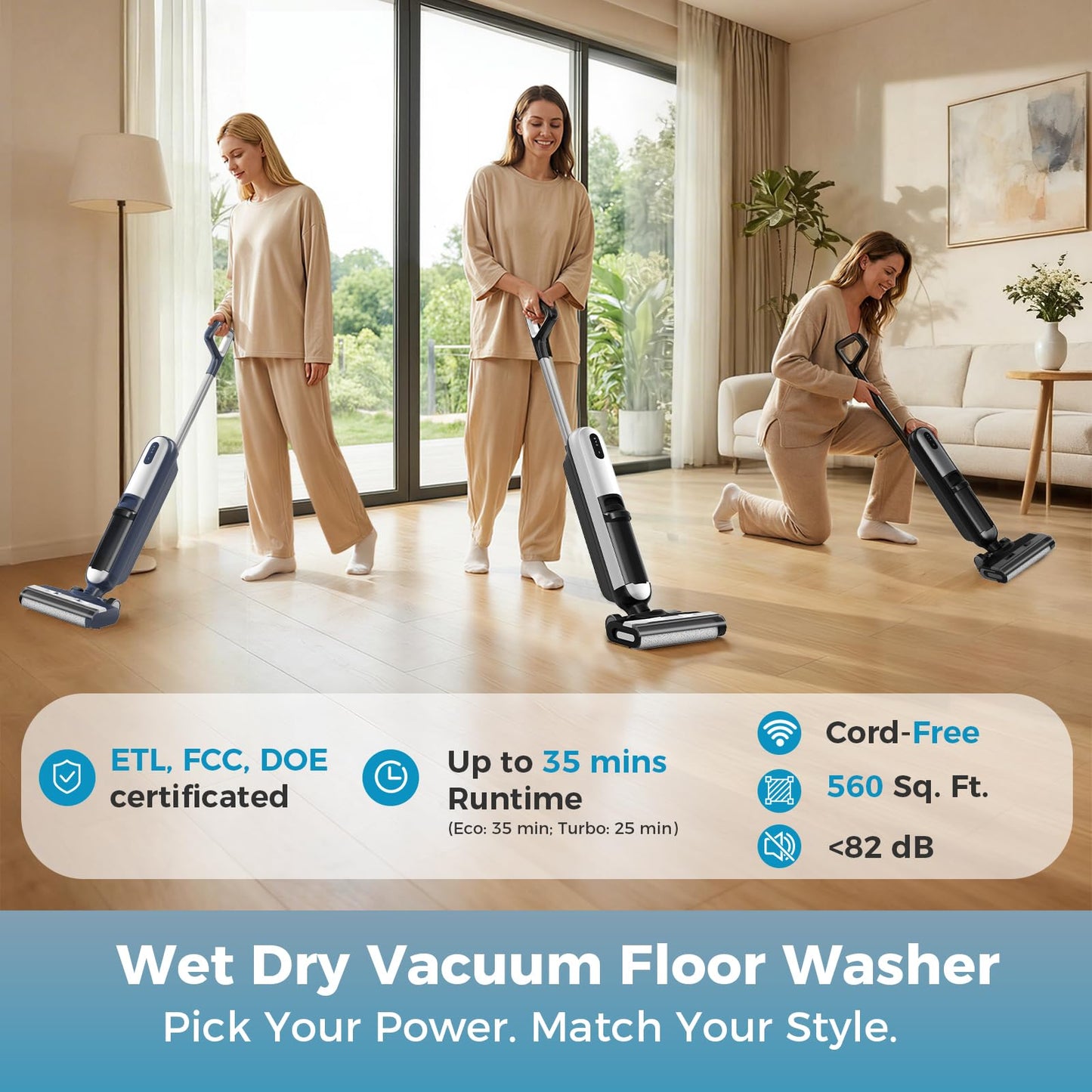 DUMOS Wet Dry Vacuum Mop, Cordless All-in-One Floor Cleaner with Auto Self-Cleaning, Dual-Edge Cleaning, Tangle-Free Brush & Dual Water Tank Design, 35-Min Runtime for Hard Sticky Messes & Pet Hair