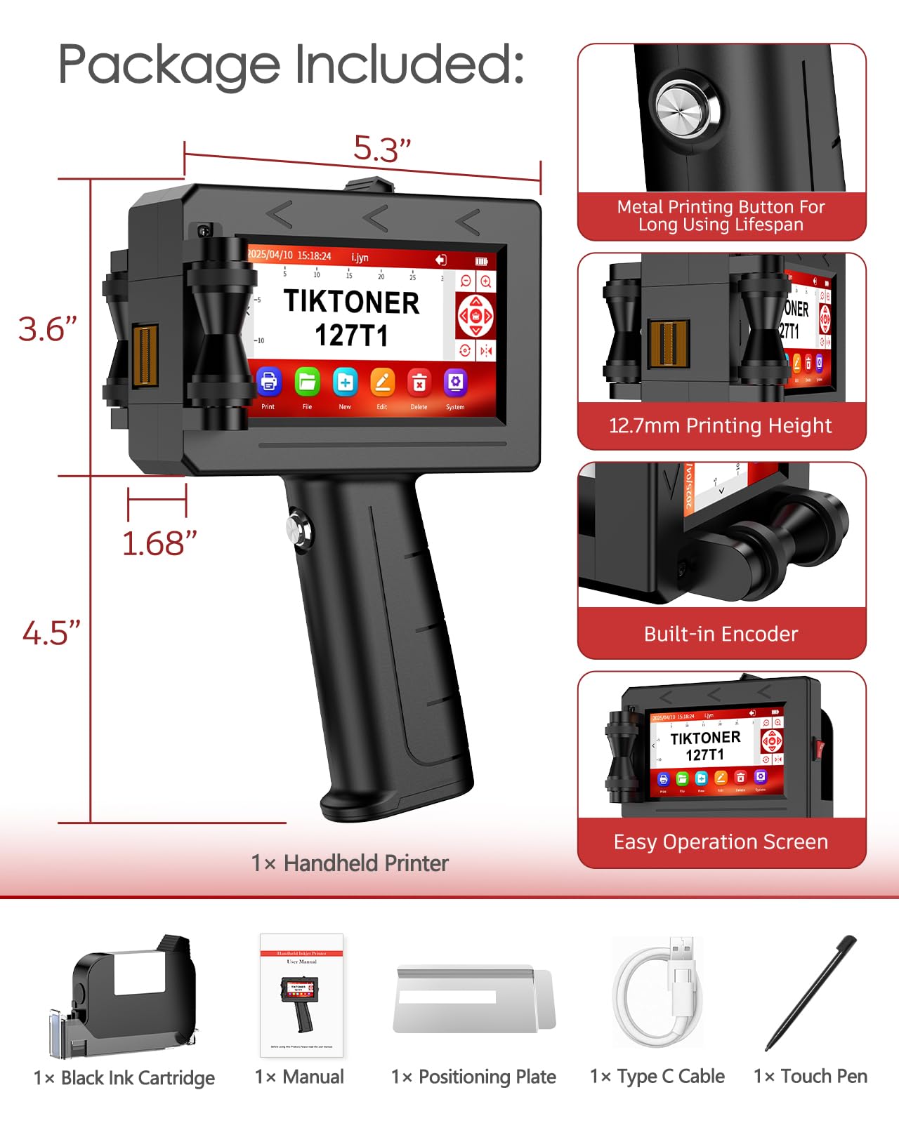TIKTONER 127T1 Handheld Inkjet Printer - Portable Handheld Printer for Text/Logo/QR Code/Barcode/Date/Batch Number/Serial Number, Inkjet Coding Machine for Cardboard/Metal/Plastic/Ceramic/Wood/Fabric