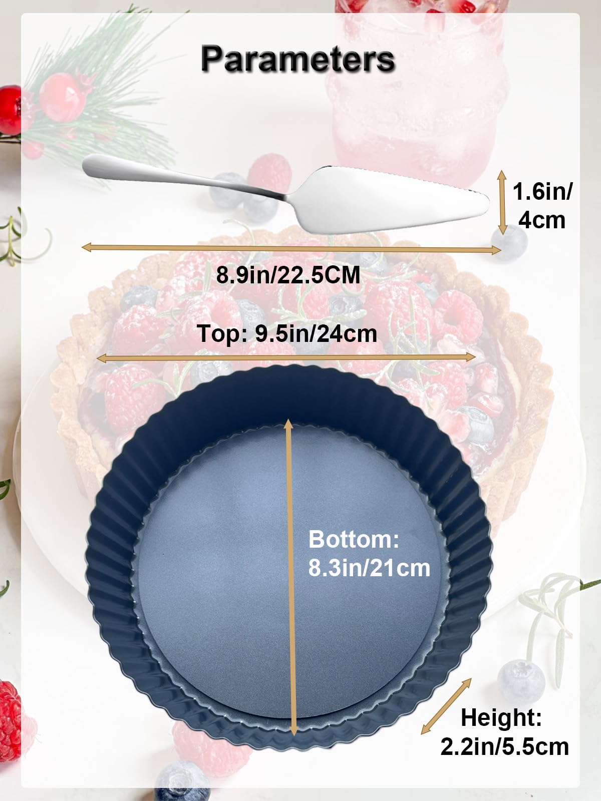 Yamteck 9.5*2.2 Inch Deep Tart Pan w/ Pie Cake Server. Removable Bottom, Non-Stick Coating, Rugged Carbon Steel for Tart Quiche Baking. Gift for Women Wife Christmas Thanksgiving Party Festival Family