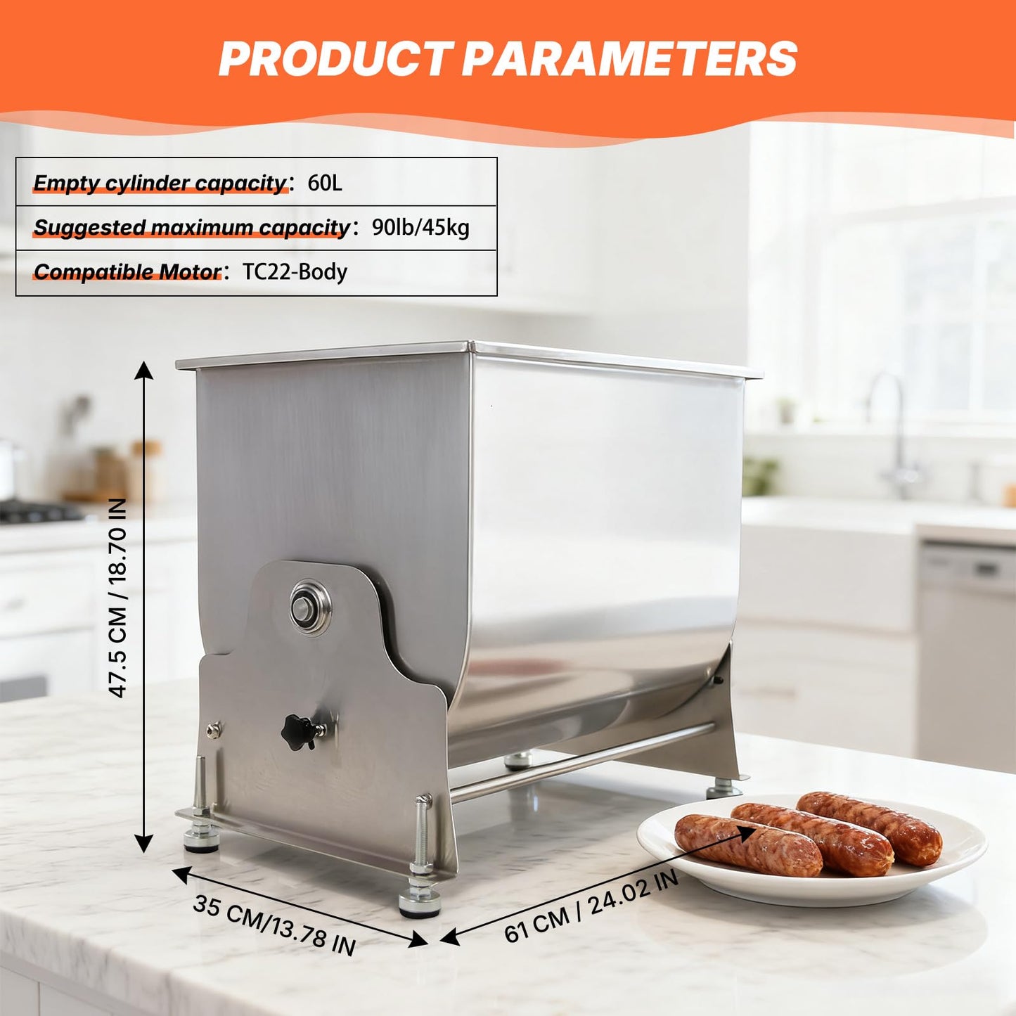Hakka 90lb/45L Commercial Meat Mixer, Manual Tilt Tank Meat Mixer 60L Stainless Steel for Sausage (Mixing Max.90lb/45L for Meat)