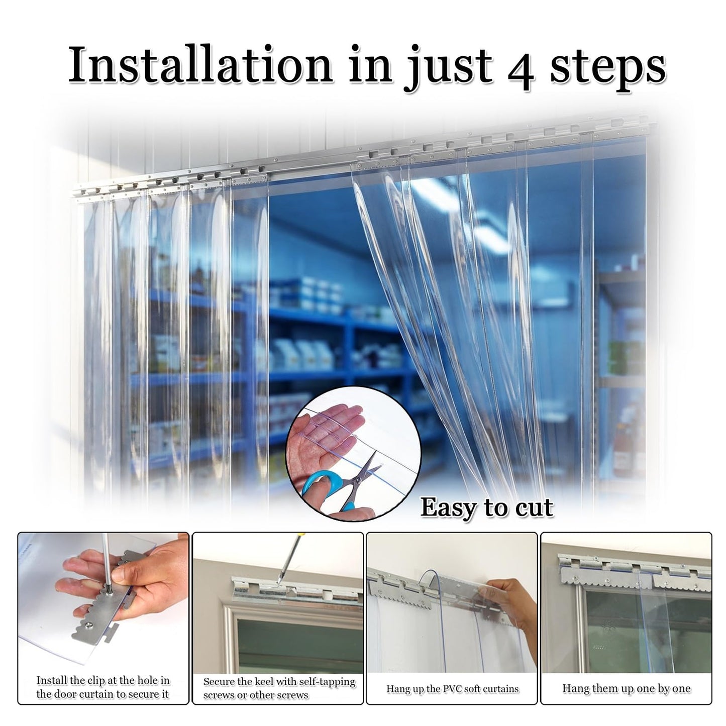 SHINGJING Heavy Duty Clear PVC Strip Curtain Door Kit,1.7mm Thick Plastic Vinyl Strips for Industrial Freezer Room, Walk in Cooler, Garage, Warehouse(W225xH250cm/W88.58xH98.43in)