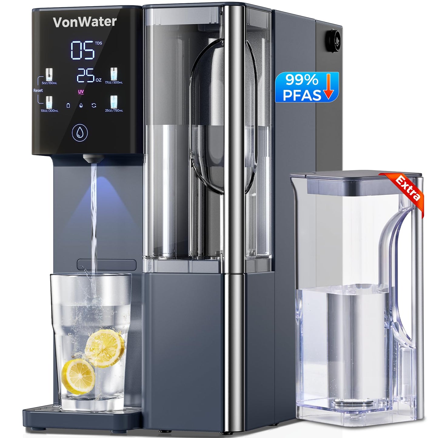 VonWater CT910WP Pure Water Pitcher 1.2L/40.6oz, for CT910 CT910H Countertop RO System (Blue)