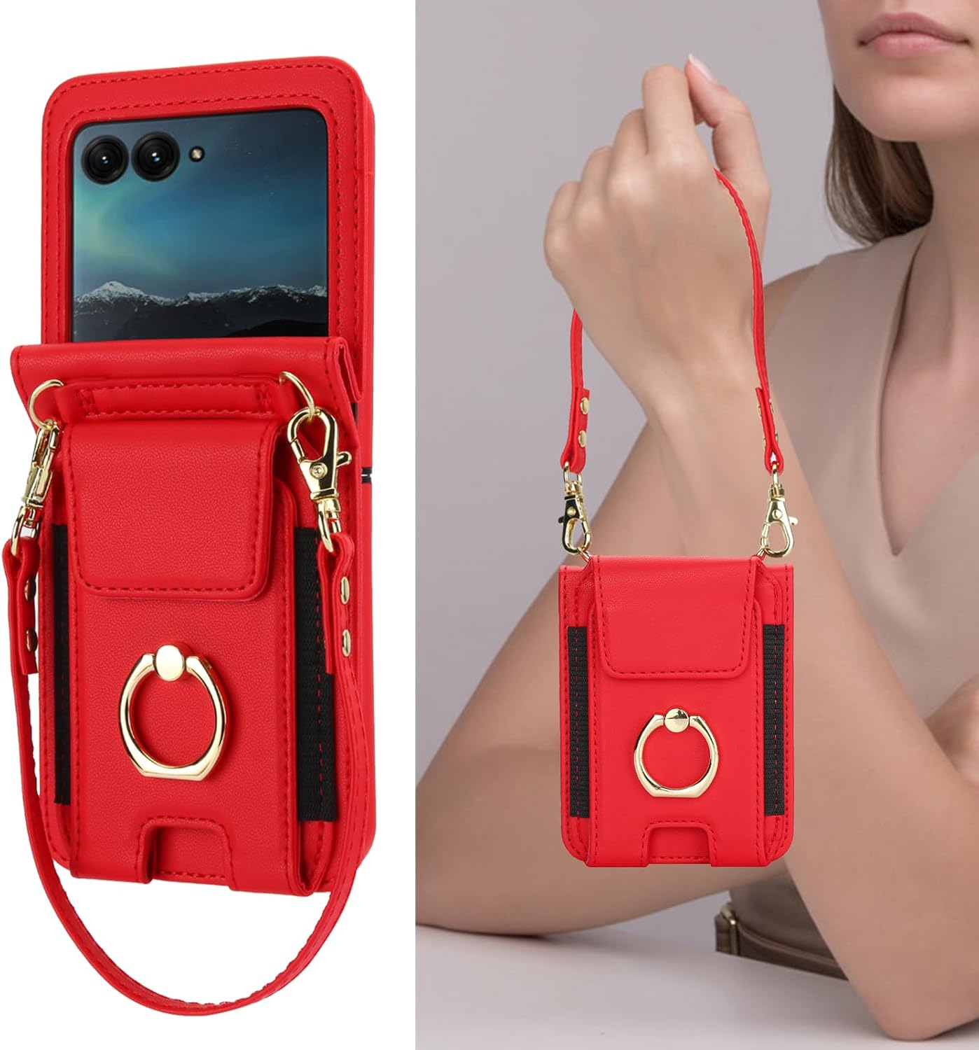 Asuwish 50/Moto 2024 INE-LX1 Phone Case for Moto Razr Razr Wallet Cover with Ring and Crossbody Wrist Strap Lanyard