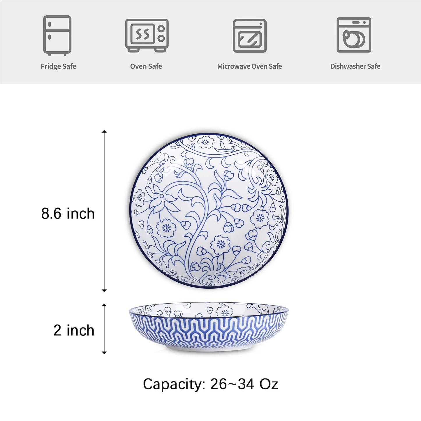 Selamica Ceramic Pasta Bowls Set 34 OZ, Large Salad Bowls 8.6 Inch Dinner Bowls for Kitchen, Wide Shallow Bowls Deep Plates for Pasta Soup, Microwave & Dishwasher Safe, Set of 6, Vintage Blue