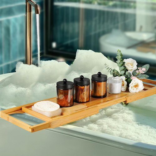 Amolliar Amber Glass Qtip Holder - Stylish Apothecary Jar with Matte Black Lid | 4-Pack Bathroom Organizer for Cotton Swabs & Floss