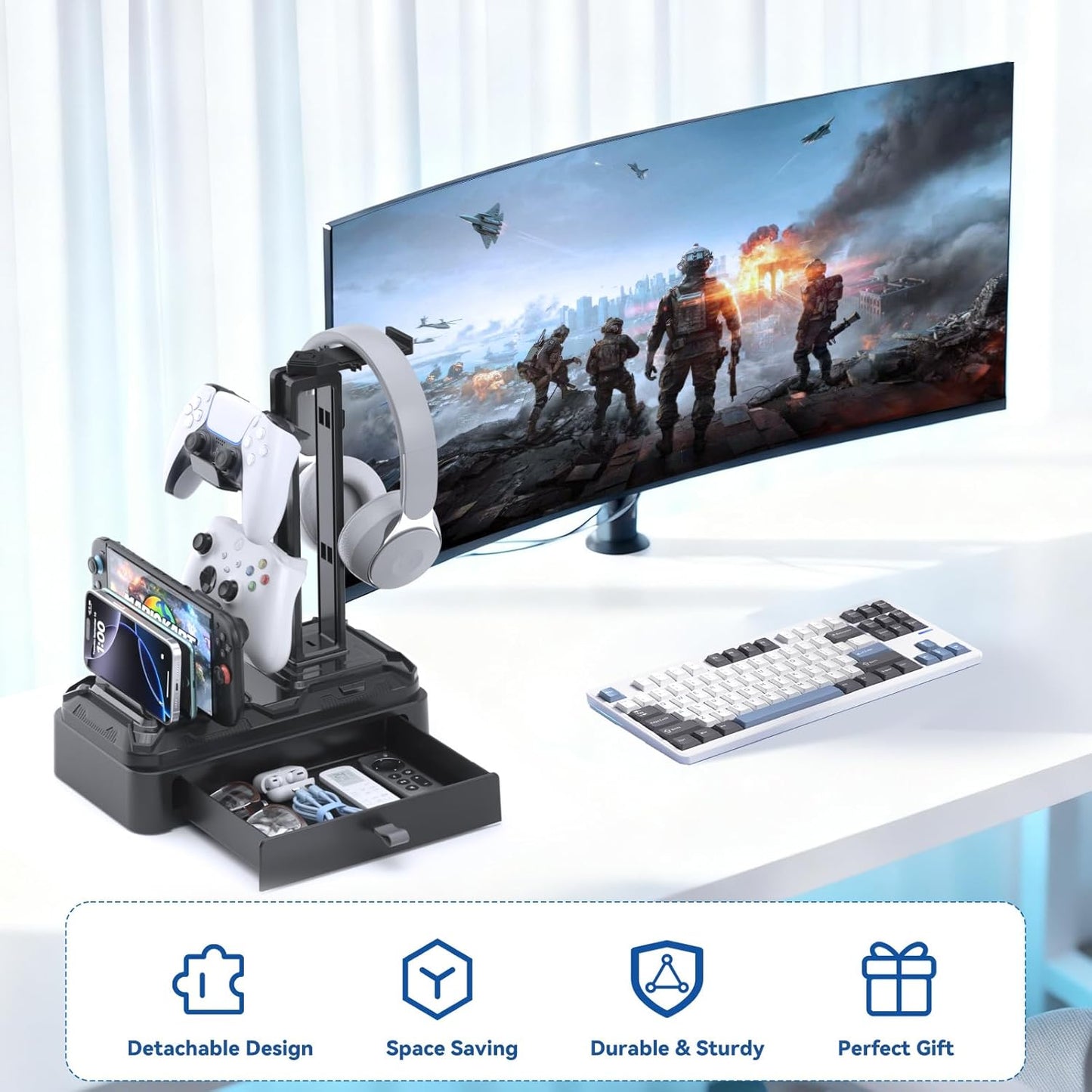 KDD Headset Headphone Stand with Drawer - Rotatable & Detachable Controller Holder for Desk - Multifunctional Organizer
