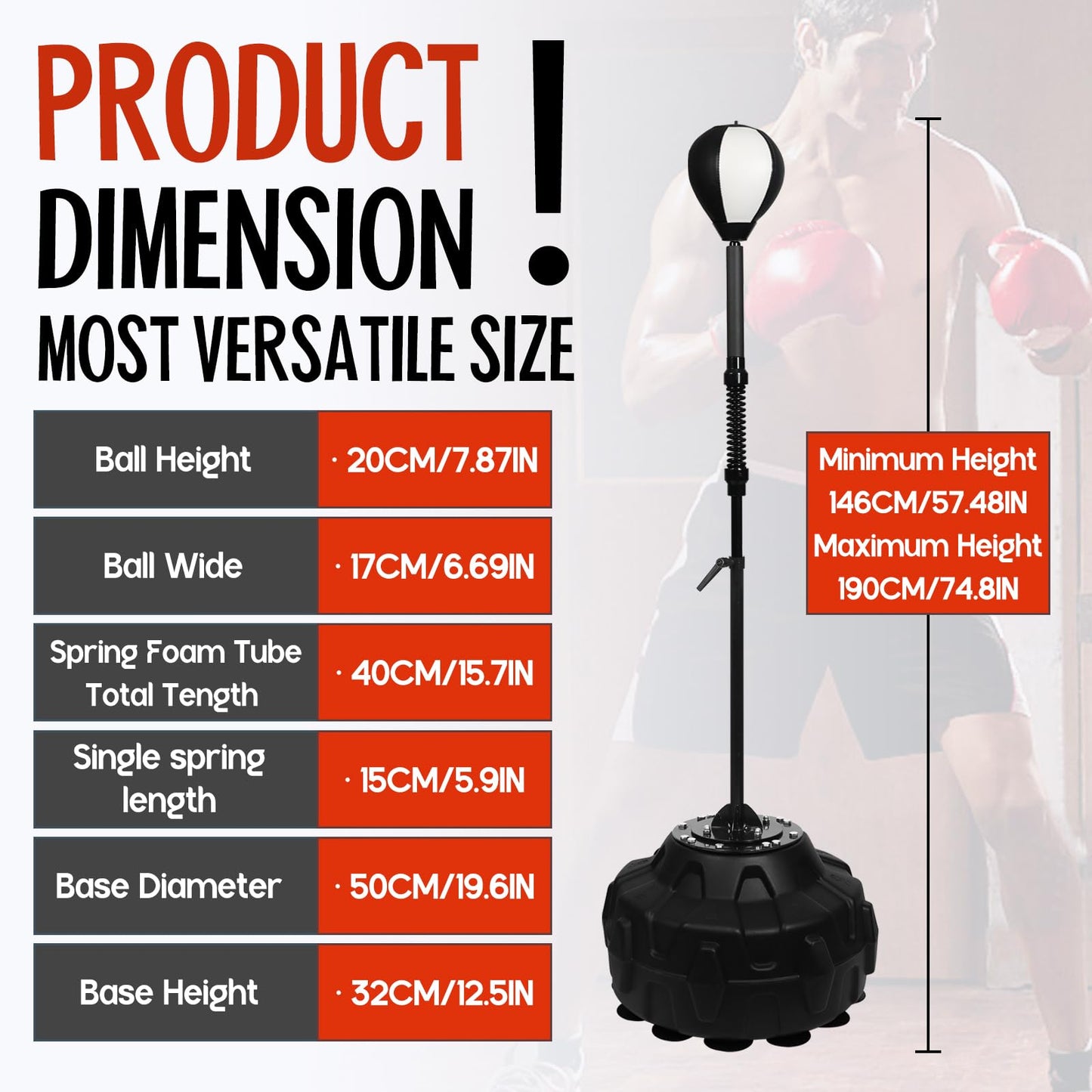 Reflex Bag Speed Bar with Stable Base - MMA High Energy Spring - Reflex Ball Free Standing Boxing Bag with Adjustable Height & Durable Stress Relief Ball for Fitness Enthusiasts (Black White)